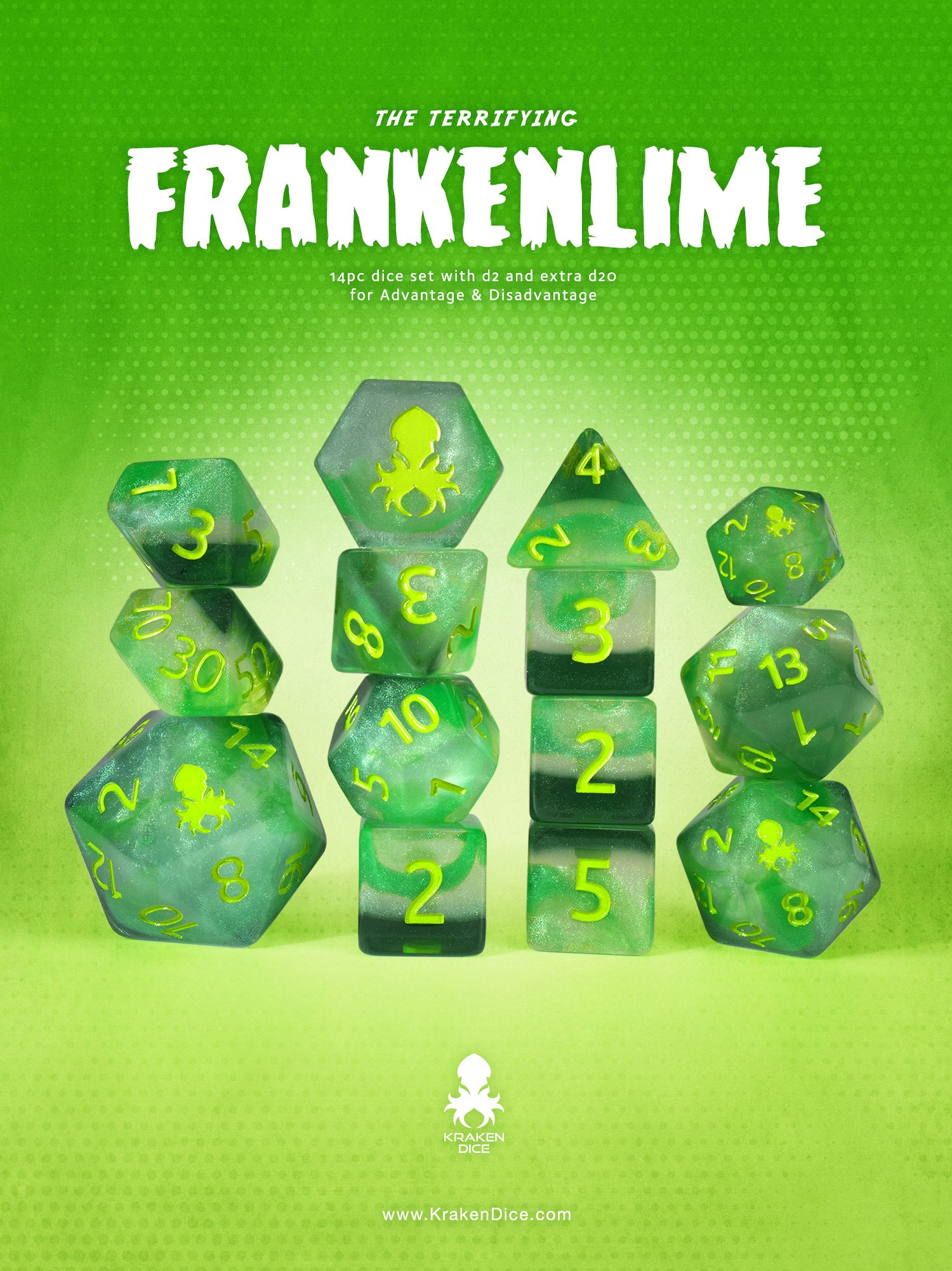 Frankenlime 14pc Dice Set Inked in Green